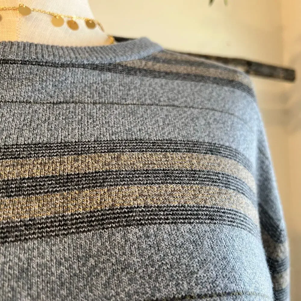 Vintage 90s Blue Knit Oversized Striped Crewneck Pullover Sweater Size XL